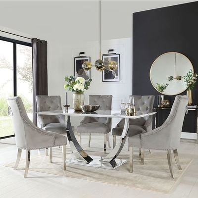ست میز ناهار خوری رویه سنگ مرمر مشکی استیل ضد زنگ میز ناهار خوری لوکس 150X90X75