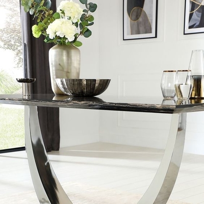ست میز ناهار خوری رویه سنگ مرمر مشکی استیل ضد زنگ میز ناهار خوری لوکس 150X90X75