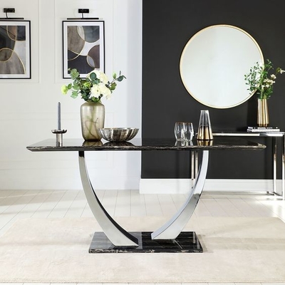ست میز ناهار خوری رویه سنگ مرمر مشکی استیل ضد زنگ میز ناهار خوری لوکس 150X90X75