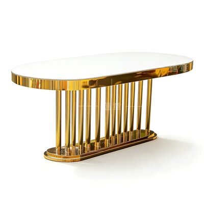 قیمت خوب مبلمان عروسی عمده فروشی طلای بیضی قاب فولاد ضد زنگ آینه سفید شیشه بالای میز بلند ناهار خوری میز هتل برای عروسی آنلاین