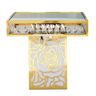 قیمت خوب مبلمان جشن عروسی لوکس قیمت کارخانه فولاد ضد زنگ مربع پایه گل رز آینه شیشه کریستال کیک میز آنلاین