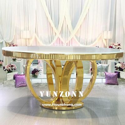 قیمت خوب سفيد MDF بالا گرد طلایی فولاد ضد زنگ فلزی پایه عروسی میز ناهار خوری برای مراسم مهمانی مبلمان هتل آنلاین