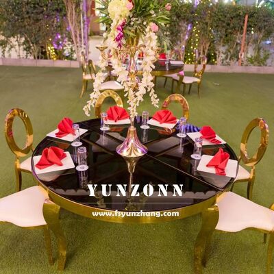 قیمت خوب میز ناهار خوری لوکس مدرن استیل ضد زنگ با صفحه شیشه ای برای عروسی در فضای باز، هتل، مهمانی، ضیافت، طرح گرد آنلاین