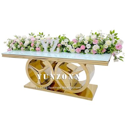 قیمت خوب میز غذاخوری مستطیل مدرن طلا با پایه بنز مبلمان عروسی لوکس برای استفاده در فضای باز و هتل شیشه / MDF بالا آنلاین