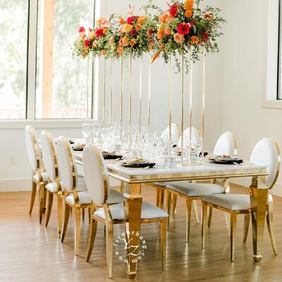 قیمت خوب میز ناهار خوری مدرن طلا فولاد ضد زنگ شیشه ای آینه دار برای هتل ها عروسی ها مهمانی ها رویدادهای بیرونی برای مهمانی ها آنلاین