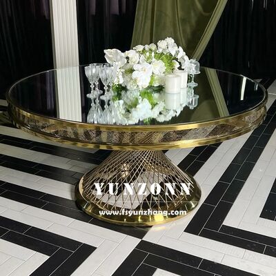 قیمت خوب میز ناهار خوری مدرن فولاد ضد زنگ با شیشه گرم و پایه فلزی برای رویدادهای بیرونی برای هتل ها و عروسی ها آنلاین