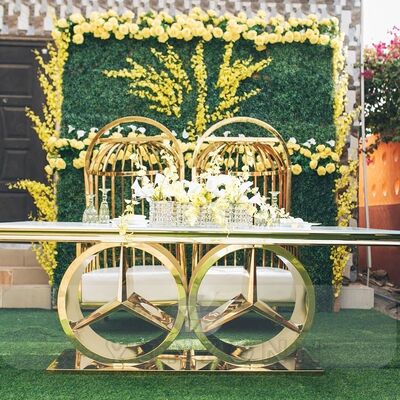 قیمت خوب قاب فولاد ضد زنگ مدل مدرن میز ناهار خوری عروسی مبل های هتل جدید در فضای باز با شیشه و MDF برای مهمانی ها و رویدادها آنلاین