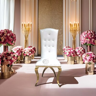 قیمت خوب تخت سلطنتی ناهار خوری لوکس با پشتی بلند و پایه های ضربدری از فولاد ضد زنگ طلایی برای اتاق نشیمن بیرونی، هتل ها و عروسی ها آنلاین