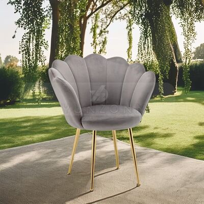 قیمت خوب صندلی ناهارخوری مخمل خاکستری طراحی اسکاندیناوی با پشتی صدفی و پایه طلایی، صندلی تک نفره اتاق نشیمن هتل باشگاه - فلزی روکش‌دار آنلاین