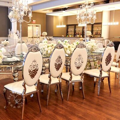 قیمت خوب صندلی پشتی شکل بیضی با چرم مدرن طلا فولاد ضد زنگ برای سالن ناهار خوری هتل و عروسی سبک معاصر برای آپارتمان آنلاین